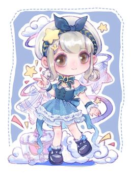 Rule 34 | 1girl, back bow, bare shoulders, beret, black bow, black shoes, blonde hair, blue background, blue bow, blue bowtie, blue dress, blue sleeves, blue wrist cuffs, border, bow, bow choker, bowtie, brooch, brown eyes, bubbly voyage (infinity nikki), buttons, chibi, chinese commentary, choker, closed mouth, cloud, collared dress, commentary request, commission, detached sleeves, dotted line, dress, eyelashes, eyeshadow, footwear bow, frilled sleeves, frilled socks, frilled wrist cuffs, frills, hair ornament, hair rings, hairclip, happy, hat, hat bow, hat ornament, highres, infinity nikki, jewelry, leg up, light blush, makeup, mary janes, medium dress, nikki (series), notice lines, outline, pink eyeshadow, pleated dress, rabbit hair ornament, shoes, short hair, short sleeves, smile, snapping fingers, socks, solo, standing, star (symbol), star choker, star hat ornament, strapless, strapless dress, striped bow, tareme, treasure chest, whimstar (infinity nikki), white border, white hat, white outline, white socks, wrist cuffs, xiaoya zie, yarn