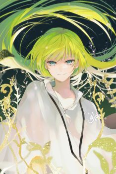 Rule 34 | 1other, black background, blue eyes, closed mouth, commentary, enkidu (fate), fate/strange fake, fate (series), floating hair, green hair, highres, leaf, light particles, long hair, looking at viewer, other focus, plant, robe, smile, solo, upper body, urtk07, white robe