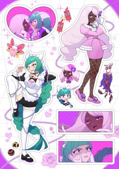 2girls anipoke_uruto blush bow brown_eyes chain chained chibi clefable clenched_teeth commentary_request crazy_straw dark-skinned_female dark_skin dragalge dress drinking_straw eye_contact flower frown full_body gen_1_pokemon gen_4_pokemon gen_6_pokemon gloves green_hair grid_background hair_bow hand_on_another's_chin hands_on_another's_face heart highres jacinthe_(pokemon) lebanne_(pokemon) long_hair looking_at_another maid mega_clefable mega_dragalge multiple_girls multiple_views nintendo open_mouth pink_dress pink_hair pokemon pokemon_legends:_z-a purple_eyes rotom rotom_phone shared_straw shoes shorts simple_background smile star_(symbol) sweat teeth thighhighs very_long_hair white_background yuri