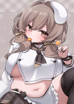 1girl apron belly beret black_choker black_nails black_neckerchief black_thighhighs blush bready_(nikke) breasts brown_eyes brown_hair candy chiji_komari choker commentary cowboy_shot food goddess_of_victory:_nikke hair_intakes hat highres holding holding_candy holding_food holding_lollipop large_breasts lollipop lollipop_in_mouth looking_at_viewer maid_apron medium_hair mouth_hold nail_polish navel neckerchief patterned_background plump popped_button shirt sitting solo thighhighs tilted_headwear white_apron white_hat white_shirt