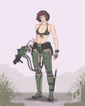 Rule 34 | abs, absurdres, armor, artist logo, artist name, astra militarum, bandana, belt, bikini, boots, breasts, brown eyes, brown gloves, camouflage, camouflage bikini, camouflage pants, catachan jungle fighter, chihiro catarine, combat boots, combat knife, gloves, headset, highres, knife, large breasts, lasgun, logo, muscular, muscular female, original, pants, short hair, simple background, swimsuit, utility belt, warhammer 40k, weapon, zephart
