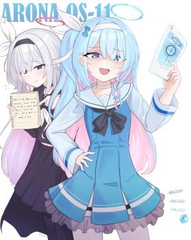 2girls absurdres arona_(blue_archive) black_hairband black_serafuku blue_archive blue_dress blue_eyes blue_hair blue_halo character_name colored_inner_hair commentary cosplay cowboy_shot dress english_commentary evil_smile front-to-back gacha_(game_mechanic) hairband halo hand_on_own_hip highres long_hair looking_at_viewer madobe_ichika madobe_ichika_(cosplay) microsoft_windows morse_code multicolored_hair multiple_girls myuf one_side_up os-tan pink_hair plana_(blue_archive) pyroxene_(blue_archive) red_halo sailor_dress school_uniform serafuku shaded_face simple_background smile textless_version two-tone_hair white_background white_hair white_hairband windows_11