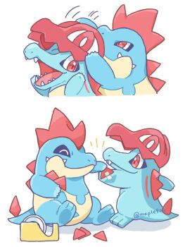 claws closed_eyes closed_mouth cosplay croconaw fangs feraligatr gen_2_pokemon hood kana_(maple926) mega_feraligatr nintendo no_humans open_mouth pokemon pokemon_(creature) pokemon_focus pokemon_legends:_z-a red_eyes red_hood sharp_teeth smile spines tail tape teeth totodile