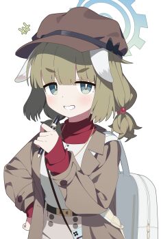 +++ 1girl absurdres backpack bag belt black_belt blue_archive brown_hair brown_hat brown_jacket brown_skirt commentary_request flat_cap green_eyes grin hair_over_shoulder halo hand_on_own_hip hand_up hat highres holding holding_pen jacket long_hair long_sleeves low_twintails open_clothes open_jacket pen puffy_long_sleeves puffy_sleeves red_shirt shirt short_eyebrows short_twintails simple_background skirt sleeves_past_wrists smile solo sprout_(haji_s) thick_eyebrows turtleneck turtleneck_shirt twintails v-shaped_eyebrows white_background white_shirt yakumo_(blue_archive)