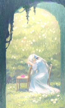 1girl absurdres arch arm_rest blue_flower blue_hair chair closed_eyes closed_mouth commentary day dress flower grass hair_flower hair_ornament hair_over_one_eye highres isekaijoucho kamitsubaki_studio lace-trimmed_sleeves lace_trim long_dress long_hair multicolored_hair nature nerine_(flower) on_chair one_eye_covered outdoors pink_flower plant sitting smile solo two-tone_hair vines virtual_youtuber walluka white_dress white_hair wide_shot wooden_chair