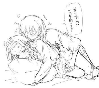 2girls anger_vein blush closed_eyes commentary greyscale hairband hand_on_another&#039;s_thigh kirarazaka_marina kissing_hair kuze_shizuka long_hair long_sleeves mobudeshi monochrome multiple_girls pussy_juice pussy_juice_on_fingers school_uniform speech_bubble sweat takopii_no_genzai translation_request yuri