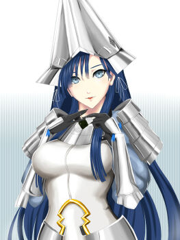 1girl armor blue_eyes blue_hair breasts faulds food full_armor helmet highres kumiko_shiba lips long_hair onigiri parted_lips rance_(series) sengoku_rance uesugi_kenshin_(rance) very_long_hair