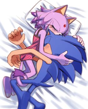 1boy 1girl animal_ears bed blaze_the_cat blue_fur cat_ears cat_girl cat_tail closed_eyes forehead_jewel furry furry_female furry_male hug on_bed pillow purple_fur sleepwear sonic_(series) sonic_the_hedgehog tail tail_wrap yeonwu08