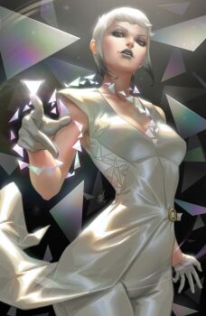 Rule 34 | 1girl, absurdres, black background, black hair, breasts, cleavage, comic cover, cover, cover page, cowboy shot, ejikure, eyeshadow, gloves, gradient background, gradient hair, grey background, grey eyes, grey eyeshadow, grey hair, grey lips, grey theme, highres, looking at viewer, looking down, makeup, marvel, medium breasts, multicolored hair, multiple theme colors, ninetyseven, official art, open mouth, pants, pointing, pointing at viewer, realistic, shirt, short hair, solo, textless version, white gloves, white hair, white pants, white shirt, white theme