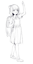 Rule 34 | 1girl, aningay, arm up, backpack, bag, blush, bow, collared shirt, dress, full body, greyscale, hair bow, highres, loafers, long hair, monochrome, neck ribbon, open mouth, original, pinafore dress, pleated dress, randoseru, ribbon, shirt, shoes, short sleeves, simple background, sleeveless, sleeveless dress, solo, teeth, upper teeth only, very long hair, white background