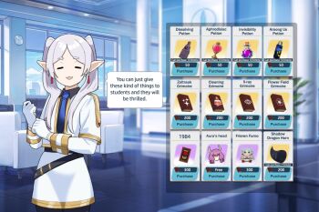 1984_(novel) 1girl :3 among_us aura_(sousou_no_frieren) black_shirt blue_archive blue_necktie book chair character_doll closed_eyes doll earrings elf english_text floating_earrings frieren gloves grey_hair grimoire indoors jacket jewelry long_hair meme minecraft necktie parallelrey pink_hair pointy_ears potion shirt skirt solo sousou_no_frieren speech_bubble twintails user_interface white_gloves white_jacket white_skirt you_can_just_give_this_kind_of_thing_to_men_and_they_will_be_thrilled_(meme)