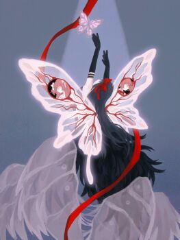 1girl akemi_homura akuma_homura armlet arms_up bare_shoulders black_dress black_gloves black_hair blood_vessels blue_background bow bug butterfly butterfly_wings cocoon commentary dress elbow_gloves feather-trimmed_dress gloves hair_bow highres insect insect_wings jewelry kaname_madoka ksline0930 long_dress long_hair mahou_shoujo_madoka_magica mahou_shoujo_madoka_magica:_hangyaku_no_monogatari making-of_available mitakihara_school_uniform pink_butterfly red_bow red_ribbon ribbon school_uniform simple_background solo spotlight strapless strapless_dress symbol-only_commentary ultimate_madoka very_long_hair white_wings wings