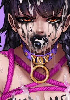 1girl animal_collar black_hair black_lips body_writing braid collar collarbone commentary cum cum_on_body english_commentary facial highres kinky_queen long_hair looking_at_viewer makeup orange_eyes portrait rope runny_makeup shiny_skin simple_background solo teeth the_addams_family twin_braids twintails wednesday_(netflix) wednesday_addams