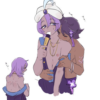 2boys arabian_clothes arm_tattoo bare_shoulders bite_mark bite_mark_on_back bite_mark_on_shoulder bite_marks biting blue_feathers blue_sash bracelet brooch closed_eyes coat collarbone colored_skin cookie_run covered_mouth covering_own_mouth dark-skinned_male dark_skin feathers flower flowers_in_hair gem gold_necklace hair_between_eyes hair_flower hair_ornament hand_fan hand_on_another&#039;s_arm hand_on_another&#039;s_hip hat hickey hickey_marks hickeys hickeys_on_back highres holding holding_fan humanization jewelry light_blush lilac lilac_cookie looking_back male_focus medium_hair multiple_boys multiple_bracelets necklace nipples niwa_(niwa827) open_clothes pants purple_coat purple_eyes purple_gemstone purple_hair purple_pants purple_sash purple_skin removing_coat sash shirtless_male short_hair sidelocks simple_background sleeveless smile sweat sweatdrop tagme tattoo turban upper_body white_background white_hat yaoi yogurt_cream_cookie