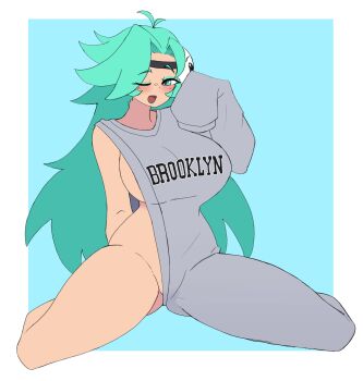 1girl absurdres arms_behind_back blue_background blush borrowed_character breasts brooklyn_sweater_(meme) character_mask doce eyeshadow facial_hair female_focus full_body green_eyes green_hair grey_sweater hair_intakes hand_to_head highres lipstick long_hair long_sleeves looking_at_viewer makeup mask meme one_eye_closed open_mouth original sideboob sitting smile solo sweater thighs viola_(pringleseater96) wariza wink