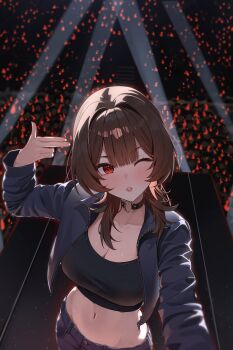 1girl absurdres arm_up black_choker black_jacket black_shirt blue_shorts breasts brown_hair choker cleavage collarbone collared_jacket commentary_request cowboy_shot crop_top denim finger_gun guest_art heart heart_choker highres jacket korean_commentary large_breasts long_hair long_sleeves looking_at_viewer midriff navel novelpia one_eye_closed open_clothes open_jacket original parted_lips red_eyes rega shirt shorts solo stage_lights stomach