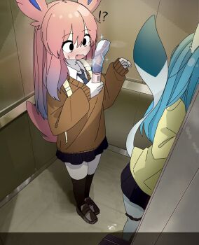 !? 2girls animal_ears backpack bag black_eyes black_skirt blue_hair blush brown_sweater collared_shirt commentary dildo elevator fang frozen furry furry_female gen_4_pokemon gen_6_pokemon glaceon highres holding holding_sex_toy ice long_hair mike_no_hito multiple_girls necktie nintendo open_mouth panties panty_pull personification pink_hair pokemon pussy_juice sex_toy shirt skirt sleeves_past_wrists sparkle standing sweater sylveon symbol-only_commentary tail underwear yuri