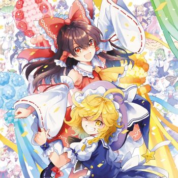 >_< 6+girls ajirogasa album_cover alice_margatroid animal_ears apron ascot azuma_aya backpack bag blonde_hair blue_bow blue_dress blue_eyes blue_flower blue_hair blue_skirt bow bowtie braid brown_hair bubble_skirt bun_cover butterfly_wings buttons calico_(pattern) cape capelet cat_ears chen cirno cloak closed_eyes commentary cover cross-laced_clothes daiyousei dark_blue_hair detached_sleeves detached_wings diamond_button doll double_bun dress earmuffs english_commentary eternity_larva fairy fairy_wings flat_cap flower fox_ears fox_girl fox_tail frilled_bow frilled_hair_tubes frills frog_hair_ornament goutokuji_mike green_bow green_eyes green_hair green_hat green_ribbon green_skirt grey_hair grin hair_between_eyes hair_bobbles hair_bow hair_bun hair_ornament hair_tubes hairband hakurei_reimu hat hat_bow hata_no_kokoro hijiri_byakuren horns hoshiguma_yuugi ibaraki_kasen ibuki_suika ice ice_wings iizunamaru_megumu insect_wings izayoi_sakuya kawashiro_nitori kirisame_marisa kochiya_sanae komeiji_koishi kudamaki_tsukasa layered_dress long_hair long_sleeves maid_headdress mob_cap multicolored_dress multicolored_hair multicolored_hairband multiple_girls neck_ribbon one_eye_closed oni open_mouth patchwork_clothes pinafore_dress pink_hair plaid_clothes plaid_shirt pointy_hair purple_cape rainbow_gradient red_bow red_bowtie red_eyes red_hairband red_horns red_skirt ribbon ribbon-trimmed_sleeves ribbon_trim romper shanghai_doll shirt short_hair short_sleeves shoulder_guard side_braid single_braid single_horn skirt skirt_set sleeve_ribbon sleeveless sleeveless_dress smile snake_hair_ornament star_(symbol) streaked_hair tabard tail tatara_kogasa tenkyuu_chimata textless_version touhou toyosatomimi_no_miko twin_braids umbrella waist_apron white_bow white_capelet white_cloak white_hair white_romper white_shirt wings witch_hat wrist_cuffs yellow_ascot yellow_eyes yellow_shirt