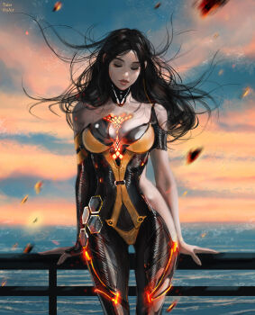 1girl arm_support artist_name black_hair blue_sky breasts closed_eyes closed_mouth commentary english_commentary highres horizon large_breasts long_hair outdoors paid_reward_available sky solo stellar_blade tachy_(stellar_blade) tatti_art thigh_gap variant_set water wide_hips