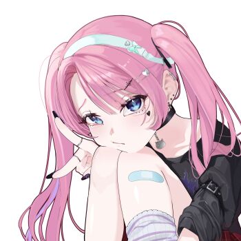 1girl bandaid bandaid_on_leg black_choker black_eyes black_hair black_nails black_shirt blue_hairband choker closed_mouth ear_piercing edge_ill facial_mark fingernails frown hairband hand_up head_on_knees head_rest heart heart_facial_mark highres jewelry knees_up long_hair looking_at_viewer multiple_rings nail_polish original parted_bangs piercing ring shirt simple_background solo twintails v white_background