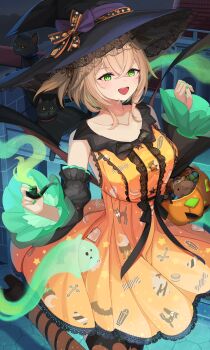 1girl absurdres animal_ears animal_print arms_up artemis_(nimi_nightmare) baby_bean_(nimi_nightmare) bat_print black_cat black_hat black_shoes black_sleeves bow breasts brown_hair candy candy_cane candy_print cat cat_print choker collarbone commentary cross cross_print detached_sleeves dress food food_print ghost_print green_eyes green_nails halloween_bucket hat hat_bow highres holding holding_smoking_pipe indie_virtual_youtuber lace lace-trimmed_dress lace_headwear lace_trim lollipop long_sleeves medium_breasts moon_print nail_polish naplings_(nimi_nightmare) night nimi_nightmare nimi_nightmare_(tapir) on_one_knee open_mouth orange_dress orange_thighhighs outdoors red_choker shoes short_hair sleeveless sleeveless_dress smile smoking_pipe solo sora_no_tori standing standing_on_one_leg star_(symbol) star_print striped_clothes striped_thighhighs tapir_ears tapir_girl teeth thighhighs upper_teeth_only virtual_youtuber wide_sleeves witch_hat