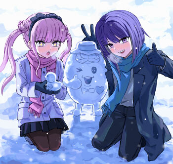 Rule 34 | + +, 1boy, 1girl, absurdres, alternate costume, black bow, black coat, black hairband, black pants, black skirt, blue scarf, bow, bow hairband, breath, brother and sister, brown pantyhose, character snowman, coat, commentary, double bun, hair bun, hairband, headband, highres, holding snowman, jacket, kneeling, long hair, medium hair, pants, pantyhose, pink eyes, pink hair, pink scarf, purple hair, scarf, siblings, sirei (hundred line), skirt, snow, snow animal, snowing, snowman, sparkling eyes, sumi ringo, the hundred line -last defense academy-, thumbs up, tsukumo ima, tsukumo kako, twins, twintails, untranslatable commentary, v, white jacket, winter clothes
