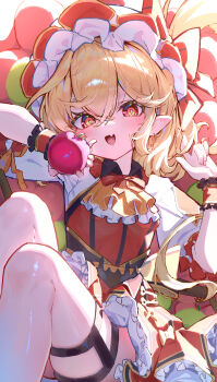 1girl :d absurdres adapted_costume apple ascot blonde_hair blush bow bowtie breasts chinese_commentary collared_shirt commentary_request crossed_bangs dongyang_kissoml fang feet_out_of_frame flandre_scarlet flying_sweatdrops food frilled_sleeves frilled_wrist_cuffs frills fruit hair_between_eyes hands_up hat highres holding holding_food holding_fruit index_finger_raised knees_up looking_at_viewer medium_hair miniskirt mob_cap open_mouth pleated_skirt pointy_ears red_bow red_bowtie red_eyes red_skirt red_vest red_wrist_cuffs shirt sidelighting sitting skin_fang skirt slit_pupils small_breasts smile solo thigh_strap thighs touhou vest white_hat white_shirt wrist_cuffs yellow_ascot