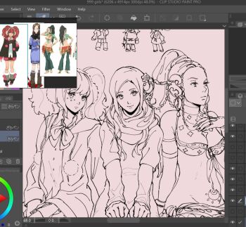 Rule 34 | art program in frame, artist name, black hair, black jacket, black scarf, boots, braid, breasts, brown background, brown boots, brown hair, chibi, chibi inset, choker, cleavage, clip studio paint (medium), closed mouth, clothes around waist, collared shirt, commentary, cropped legs, dixoterin, drawstring, dress, earmuffs, earrings, english commentary, eyelashes, facial mark, flower, front-tie top, fur-trimmed boots, fur trim, green choker, green pants, hair bun, hair flower, hair ornament, hand on own chest, jacket, jewelry, kashiwabara nona, kurashiki akane, kyokugen dasshutsu, kyokugen dasshutsu: 9 jikan 9 nin 9 no tobira, lineart, long hair, long sleeves, midriff, monochrome, multicolored hair, multicolored socks, multiple girls, navel, neck ribbon, official art inset, open clothes, open jacket, pants, pink hair, pom pom (clothes), pom pom drawstring, ponytail, purple boots, purple dress, red hair, red skirt, reference inset, ribbon, scarf, shirt, short sleeves, simple background, single side bun, sitting, skirt, socks, twin braids, twintails, two-tone hair, white shirt, yashiro (kyokugen dasshutsu), yotsuba (kyokugen dasshutsu)