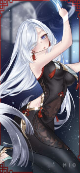 1girl absurdres aqua_nails aqua_toenails armpit_crease artist_name bare_arms bare_shoulders black_bodysuit bodystocking bodysuit braid breasts clothing_cutout covered_navel crease curvy earrings expressionless eyelashes feet female_focus floating_hair from_side genshin_impact grey_eyes groin hair_ornament hair_over_one_eye hand_up high_heel_sandals highres hip_vent jewelry large_breasts legs lips long_hair looking_at_viewer low-braided_long_hair low-tied_long_hair nail_polish no_panties platform_sandals sandals scan see-through_bodysuit see-through_clothes shenhe_(genshin_impact) sidelocks skin_tight sleeveless sleeveless_bodysuit snowflakes standing standing_on_one_leg tassel tassel_earrings tassel_hair_ornament thighs toenail_polish toenails toes turning_head underboob unworn_headwear very_long_hair white_hair