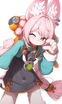 1girl ;3 absurdres animal_ears body_fur braid closed_mouth commentary_request furry furry_female highres icetea_art long_hair long_sleeves looking_at_viewer one_eye_closed pink_fur pink_hair rabbit_ears rabbit_girl rabbit_tail simple_background solo standing tail twin_braids white_background zenless_zone_zero zhao_(zenless_zone_zero)