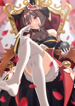 1girl animal_ears bare_shoulders blush braid braided_hair_rings breasts brown_hair cleavage collarbone corset crossed_legs detached_sleeves ear_covers ear_ornament gentildonna_(regina_dei_fiori)_(umamusume) gentildonna_(umamusume) gloves gold_embroidery hair_between_eyes hair_ornament hair_rings heart-shaped_ornament heart_ear_ornament highres holding horse_ears horse_girl large_breasts long_hair looking_at_viewer metal_ball norizou parted_lips red_corset red_eyes see-through_cleavage see-through_clothes sitting sitting_on_throne smile solo strong thighhighs throne umamusume white_gloves white_thighhighs