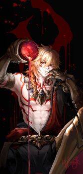 1boy abs arm_tattoo armlet black_coat blonde_hair braid chest_tattoo clawed_gauntlets coat commentary cup earrings english_commentary facial_tattoo gold_earrings gold_necklace gradient_hair highres holding holding_cup honkai:_star_rail honkai_(series) jewelry male_focus medium_hair multicolored_hair mydei_(honkai:_star_rail) necklace open_clothes open_coat pouring red_hair red_tattoo rurisen_(yaoihyper) side_braid solo tattoo toned toned_male yellow_eyes