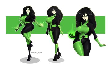 1girl absurdres artist_name asymmetrical_gloves black_bodysuit black_gloves black_hair black_lips black_shoes bodysuit breasts gloves green_bodysuit green_eyes green_gloves high_heels highres kim_possible_(series) large_breasts long_hair looking_at_viewer multicolored_bodysuit multiple_views pale_skin shego shoes spartans_doodles two-tone_bodysuit
