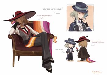 Rule 34 | 2girls, ?, absurdres, ascot, black gloves, black necktie, black pants, blue coat, brooch, brown coat, brown hair, chair, closed mouth, coat, coat on shoulders, collared shirt, commentary, english commentary, english text, flag, freckles, gloves, green eyes, green hair, grey vest, hat, highres, holding, holding flag, jewelry, large hat, lesbian flag, long hair, mini flag, mole beside mouth, multiple girls, multiple views, necklace, necktie, on chair, pants, red eyes, red hat, reverse:1999, shirt, short hair, shwimzii, simple background, speech bubble, tennant (reverse:1999), thought bubble, vertin (reverse:1999), vest, white ascot, white background, white shirt