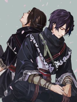 Rule 34 | 1boy, 1girl, back-to-back, black hair, black jacket, black pants, brown hair, chinese clothes, closed eyes, commentary request, earrings, falling petals, grey background, hair between eyes, hair ornament, hairclip, highres, jacket, jewelry, nini tw99, pants, parted bangs, petals, pink petals, shin sangoku musou, shin sangoku musou origins, short hair, sitting, zhuhe (shin sangoku musou), ziluan (shin sangoku musou)