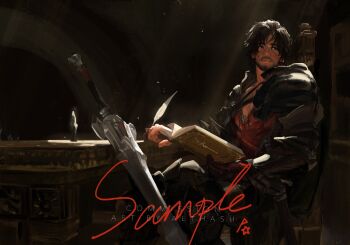 1boy aethash armor beard black_cape black_hair black_pants black_shirt book cape chair chinstrap_beard clive_rosfield collared_shirt commentary commission english_commentary facial_hair facial_scar final_fantasy final_fantasy_xvi highres holding holding_book holding_quill light_rays long_sleeves looking_to_the_side male_focus mustache open_book open_clothes open_shirt pants parted_hair quill red_shirt sample_watermark scar scar_on_cheek scar_on_face shirt sideways_glance sitting solo sunbeam sunlight sword table watermark weapon