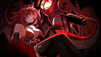 1girl black_gloves black_thighhighs closed_mouth dragon_girl dragon_horns dragon_tail dragon_wings elbow_gloves full_moon gloves highres horns hrk_itoshi indie_virtual_youtuber leotard long_hair looking_at_viewer moon red_hair red_leotard red_moon skeleton smile solo tail thighhighs virtual_youtuber wings yellow_eyes zentreya zentreya_(dragon) zentreya_(dragon)_(dungeon_master)