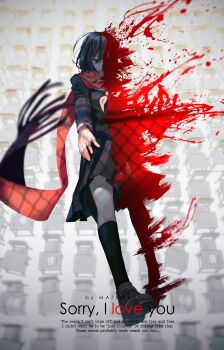 1girl absurdres additional_memory_(vocaloid) artist_name black_hair black_serafuku black_skirt black_socks blood closed_eyes commentary english_text enpera falling highres kagerou_project kneehighs light_smile long_hair long_sleeves mazumaro neckerchief pleated_skirt red_scarf sailor_collar scarf school_uniform serafuku skirt socks tateyama_ayano tears vocaloid