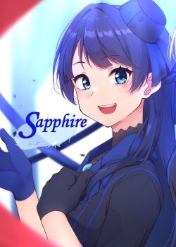 2girls :d asymmetrical_gloves awoke_(love_live!) back-to-back black_gloves blue_eyes blue_gloves blue_hair blue_hat blue_jacket commentary_request gloves haruna_miyabi hat highres jacket link!_like!_love_live! long_hair looking_at_viewer love_live! mini_hat mismatched_gloves multiple_girls murano_sayaka open_mouth out_of_frame pinstripe_jacket pinstripe_pattern smile solo_focus teeth thumbnail_collage tilted_headwear upper_teeth_only virtual_youtuber yugiri_tsuzuri