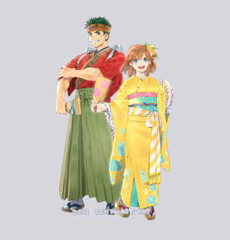 1boy 1girl 91007 blue_eyes boyd_(fire_emblem) brown_hair commentary_request couple fire_emblem fire_emblem_heroes green_eyes green_hair hetero highres japanese_clothes kimono mist_(fire_emblem) nintendo sandals tabi yellow_kimono