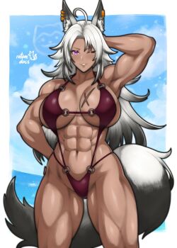 1girl abs absurdres ahoge animal_ear_fluff animal_ear_piercing animal_ears arm_behind_head artist_name biceps border breasts commentary commission cowboy_shot cross_scar dark-skinned_female dark_skin english_commentary grey_hair grin hand_on_own_hip highres ko-fi_commission large_breasts light_blush long_hair looking_at_viewer muscular muscular_female navel o-ring o-ring_swimsuit one_eye_closed original outside_border purple_eyes red_slingshot_swimsuit rotomdocs scar scar_on_breasts slingshot_swimsuit smile solo standing swimsuit tail very_long_hair white_border wolf_ears wolf_girl wolf_tail