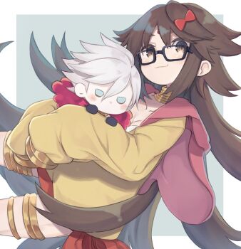 1girl bindi black-framed_eyewear blush bow breasts brown_eyes brown_hair brown_jacket character_doll cleavage closed_mouth collarbone commentary_request doll fate/apocrypha fate/grand_order fate_(series) female_focus ganesha_(fate) glasses green_background hair_between_eyes hair_bow hugging_object jacket jewelry jinako_carigiri karna_(fate) long_hair long_sleeves looking_at_viewer red_bow sleeves_past_fingers sleeves_past_wrists smile solo thighlet totatokeke two-tone_background very_long_hair white_background