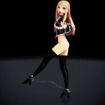 1girl 3d animated animated_gif ankle_cuffs arms_behind_back ball_gag bdsm blonde_hair bondage bound chain dancing female_focus gag gagged long_hair lowres midriff mikumikudance_(medium) narrow_waist no_pants panties rope shibari shibari_over_clothes solo thighhighs underwear