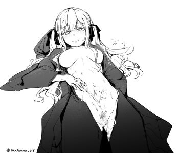 1girl absurdres artist_name bang_dream! bang_dream!_it's_mygo!!!!! breasts breasts_apart censored chinese_commentary closed_mouth commentary_request cum cum_on_body cum_on_fingers cum_on_stomach female_pubic_hair greyscale hair_over_breasts hair_ribbon hand_on_own_stomach highres hooded_robe large_breasts long_hair long_sidelocks long_sleeves looking_at_viewer lying monochrome naked_robe navel no_nipples oblivionis_(bang_dream!) on_back open_clothes open_robe pubic_hair pussy ribbon robe scribble_censor seductive_smile sidelocks simple_background smile solo stray_pubic_hair togawa_sakiko twitter_username two_side_up white_background yukikuma_(yukikuma_018)