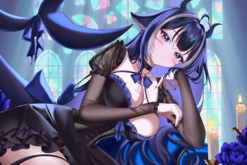 1girl ahoge black_dress blue_flower blue_hair blue_rose blush body_markings breasts candle cetacean_tail cleavage dress facial_mark fins fish_tail flower heart heart_in_eye highres indie_virtual_youtuber indoors large_breasts long_hair multicolored_hair orca_girl purple_eyes rose shylily solo ssiiiyyaa stained_glass streaked_hair symbol_in_eye tail two-tone_hair virtual_youtuber white_hair