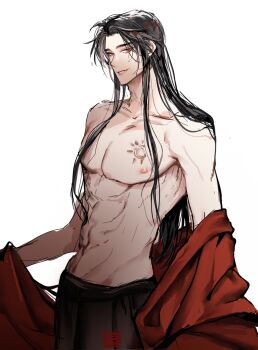 1boy abs absurdres alternate_costume alternate_hairstyle bare_pectorals bishounen black_hair black_pants branded clothes_down collarbone commentary_request grin hair_down highres long_hair looking_at_viewer loxunzixin31122 male_focus modao_zushi navel nipples open_clothes open_robe pants pectorals red_eyes red_robe robe scar scar_on_chest seal_impression sidelocks simple_background smile solo toned toned_male topless_male undressing wei_wuxian wei_wuxian_(yiling_laozu) wet wet_hair white_background
