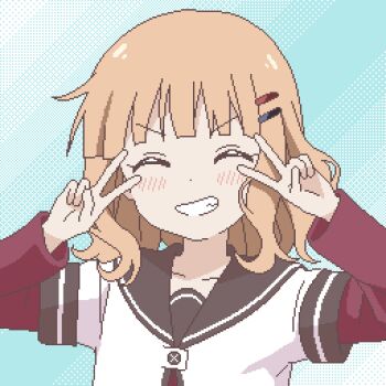 1girl blonde_hair blue_background blush brown_eyes brown_sailor_collar buttons closed_eyes double_v dress facing_viewer flat_chest grin hair_ornament hairclip hands_up highres layered_sleeves long_sleeves nanamori_school_uniform oomuro_sakurako parallel_hairclips pixel_art pleated_dress red_dress sailor_collar sailor_shirt school_uniform shirt short_over_long_sleeves short_sleeves simple_background smile solo teeth upper_body v v_over_eye white_shirt yuru_kaze yuruyuri