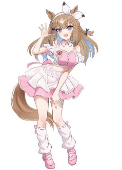 Rule 34 | + +, 1girl, almond eye (umamusume), animal ears, beatsheavens0735, blue eyes, blush, bow, bow hairband, braid, braided sidelocks, breasts, brown hair, clothing cutout, colored inner hair, commentary request, cropped shirt, detached collar, hair between eyes, hair ornament, hairband, hairclip, highres, horse ears, horse girl, horse tail, layered skirt, long hair, looking at viewer, loose socks, medium breasts, meni shuki rush-sshu!, midriff, multicolored hair, open mouth, pink shirt, pink shoes, pink skirt, pink socks, shirt, shoes, shoulder cutout, simple background, skirt, smile, socks, solo, symbol-shaped pupils, tail, too many hair ornaments, umamusume, waving, white background, white hairband, x-shaped pupils