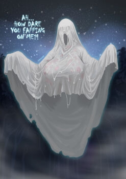 1girl adoohay artist_name breasts commentary cum cum_on_clothes english_commentary english_text forest ghost hands_up highres huge_breasts invisible nature night night_sky original outdoors sheet_ghost sky torn_clothes tree