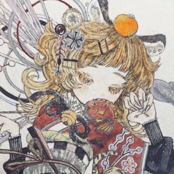 1girl acrylic_paint_(medium) animal_ears black_sleeves blonde_hair blush commentary curly_hair fingernails fish folded_fan folding_fan food fruit hair_ornament hairclip hand_fan hand_on_own_face karintoun long_fingernails long_sleeves nail_polish orange_(fruit) original painting_(medium) pale_skin sidelocks simple_background solo swept_bangs tiger_ears traditional_media upper_body watercolor_(medium) white_background yellow_eyes